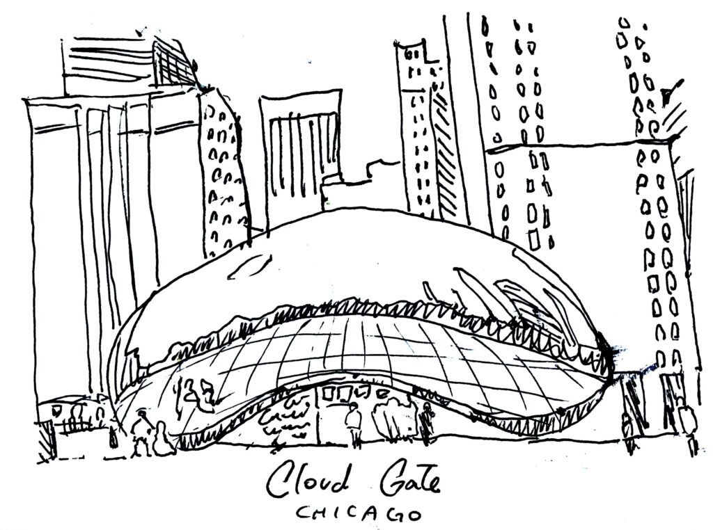 an illustration of cloud gate (bean) in chicago
